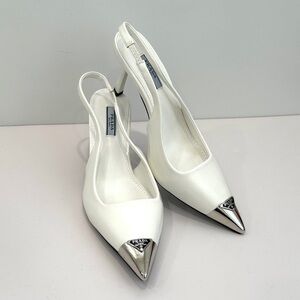 Prada White Leather Slingback Pumps with Silver Pointed Toe